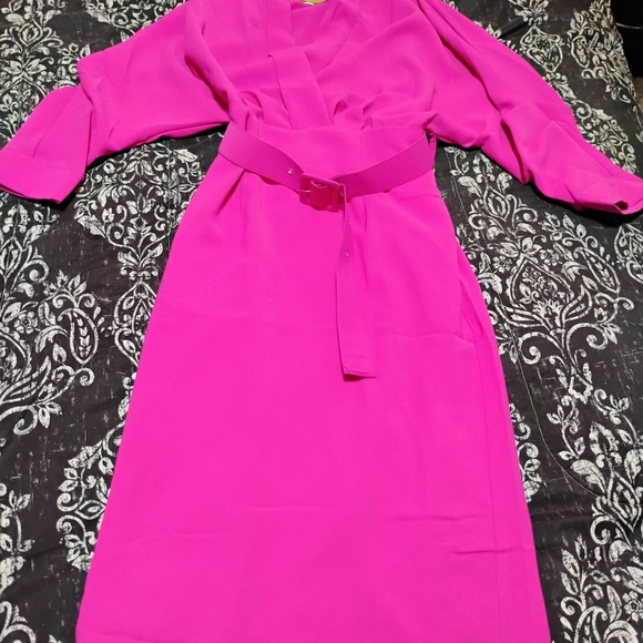 Chic Fuchsia Midi Dress with Belt - Picture 1 of 11